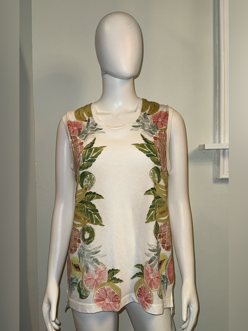 J. Crew White Tropical-Print Sleeveless Tank with Pink & Green Accents
